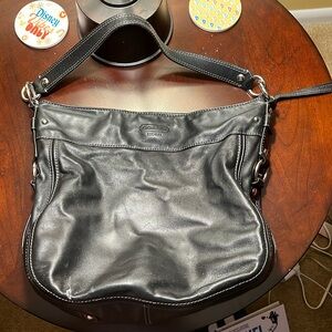 Black leather coach bag, scratches shown in photos, silver hardware
